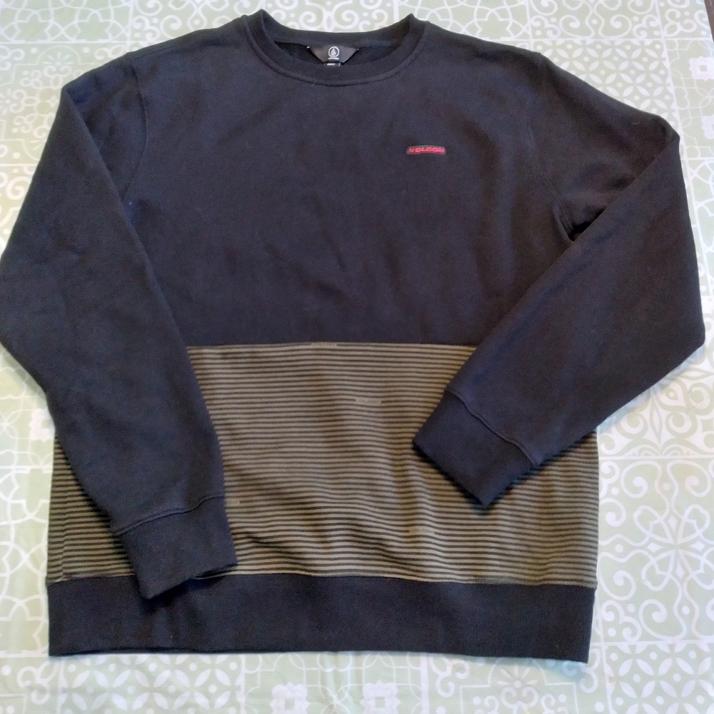 Volcom Men's Forzee Crew Neck Pullover Sweatshirt Black Military Green **EUC**